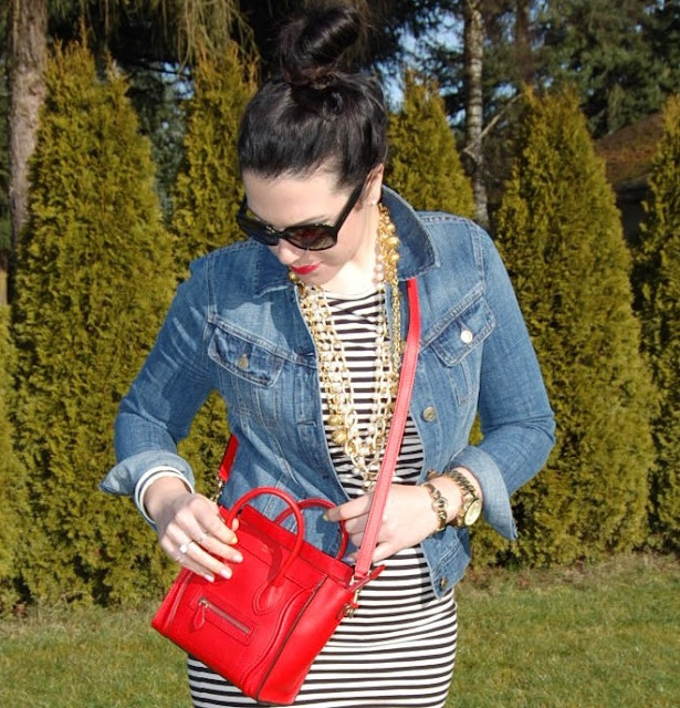 Striped dress, J Crew jean jacket, red Celine Nano, red patent Tory Burch Flats