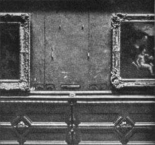 The Mona Lisa's vacant space at The Louvre after its theft in 1911.