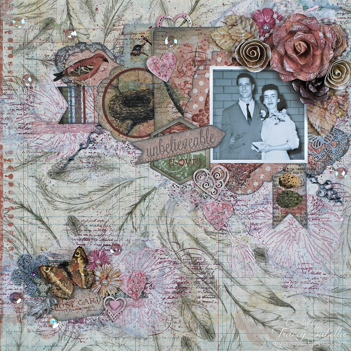 Mixed Media Layout by Tracey Sabella for Scraps of Elegance with BoBunny and Prima