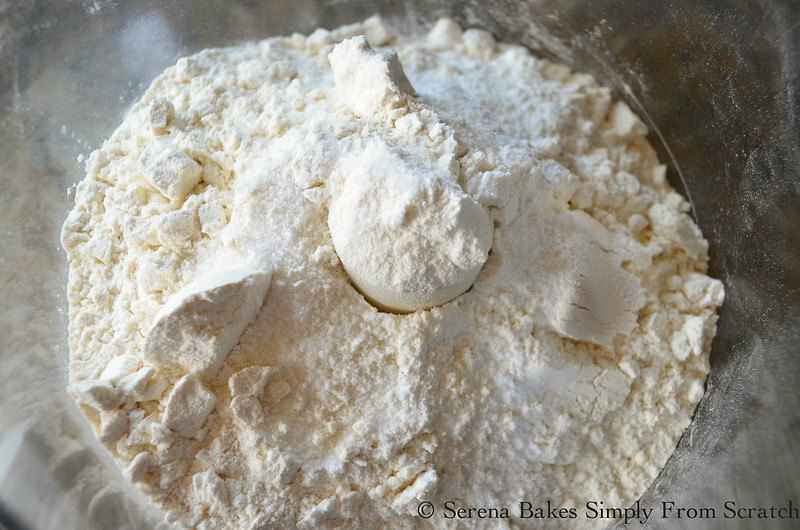 Flour, salt, and baking powder in a food processor bowl.