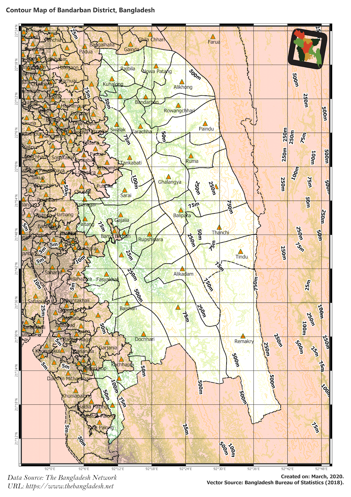 Elevation Map of Bandarban District of Bangladesh