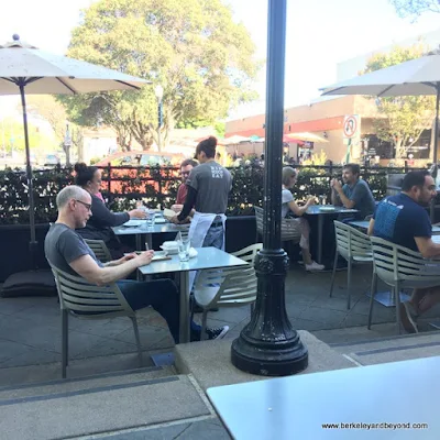 sidewalk seating at Oren's Hummus Shop on Castro Street in Mountain View, California