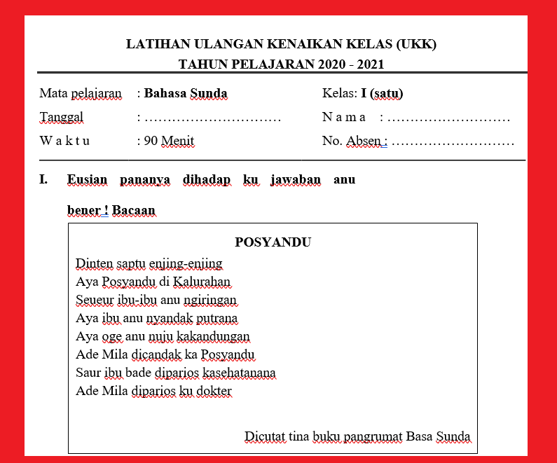 Soal Pat Bahasa Sunda Kelas 1 Sd Semester 2 Tahun 2021 Info Pendidikan Terbaru