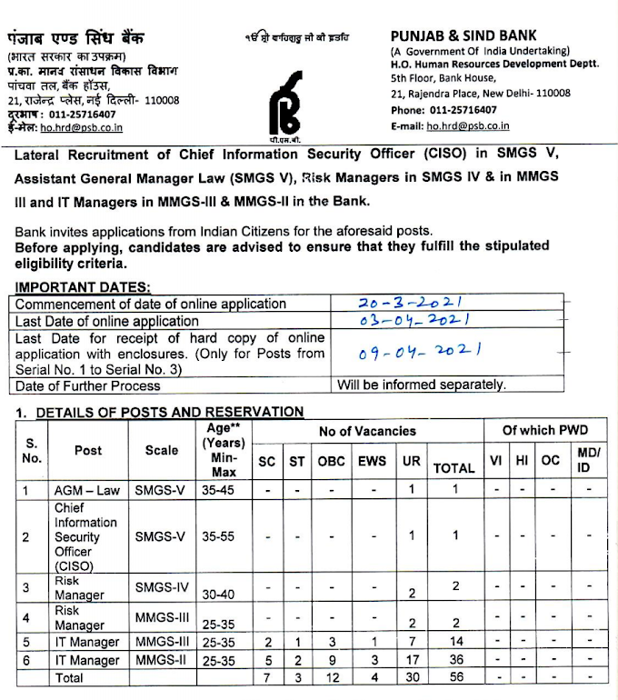 AGM-Law Vacancy in Punjab & Sind Bank - last date 0/04/2021