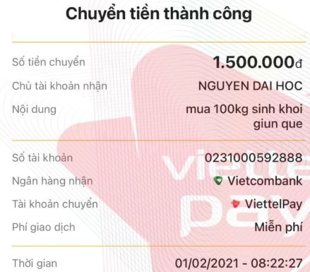 Em Trí chuyển khoản mua 100kg trùn quế giống