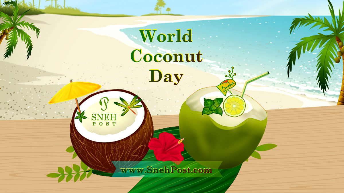 World Coconut Day illustration of brown coconut with shell and green coconut water to drink! A tempting coconut illustration, garnished with a straw, mint leaves, red flower, mint leaves, and small umbrella on a table near a sea beach