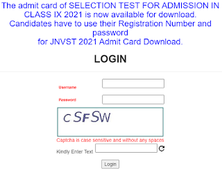 JNVST Class 9th Admit card 2021 download page NVS Class 9 Admit card 2021 page