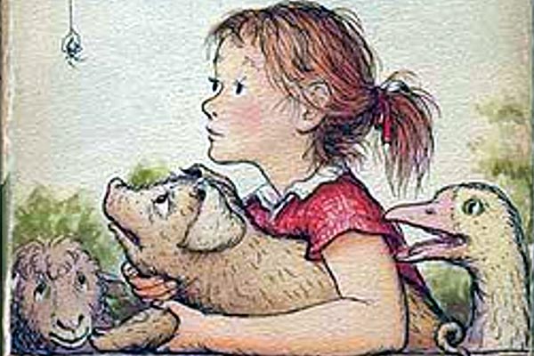 cover illustration from a book with a spider dangling from top of frame, and (l to r) a sheep, a pig, a girl, and a goose looking up at it with various expressions