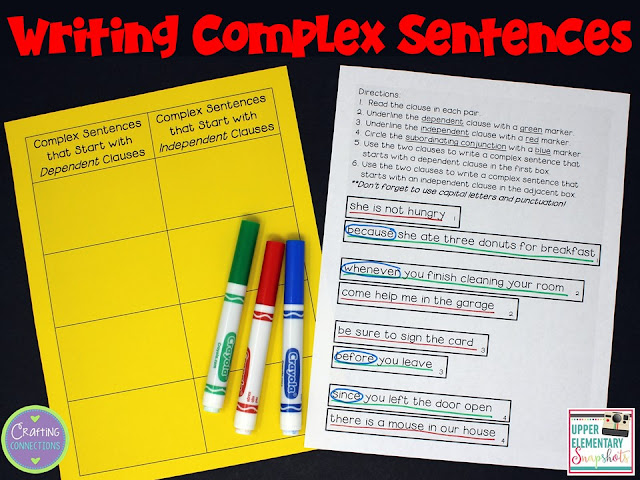 Exploring Complex Sentences: This blog post features a FREE writing activity, plus an anchor chart that focuses on complex sentences. 