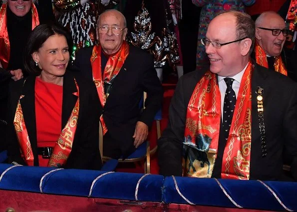 Princess Stephanie of Monaco, Pauline Ducruet, Louis Ducruet and his wife Marie Ducruet. red one-shoulder jumpsuit half sleeve