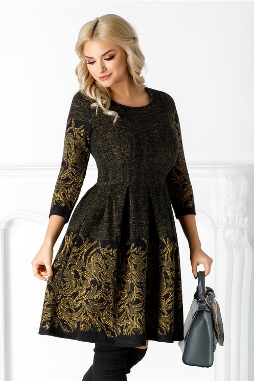 Rochie neagra office cu croiul clos cu pliuri in talie de iarna frumoasa Rochie neagra office cu croiul clos cu pliuri in talie de iarna frumoasa