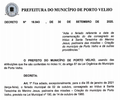Sai o decreto que adia feriado do aniversário de Porto Velho para 5 de janeiro