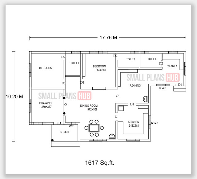 1617 Sq.ft.2 bedroom Single Floor plan and elevation