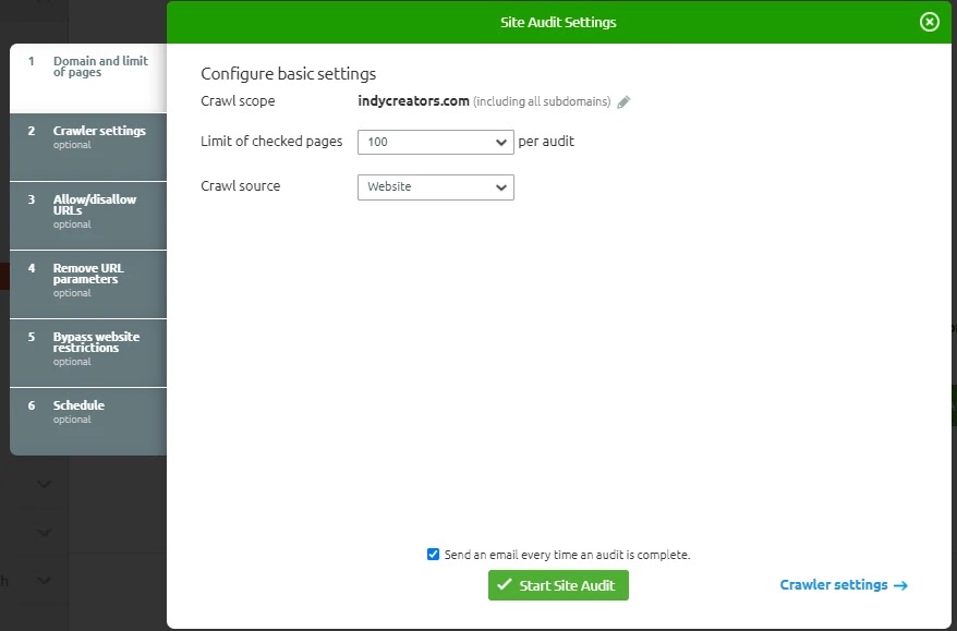 site audit setting - SEMRush
