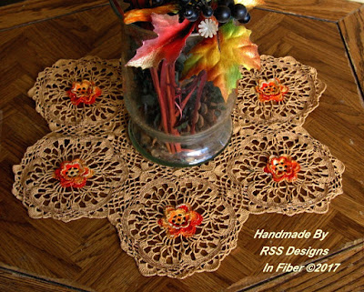  3D Flower Lace Table Topper - Orange Yellow Flowers on Tan Lace - Irish Flower Crochet By Ruth Sandra Sperling at RSS Designs In Fiber