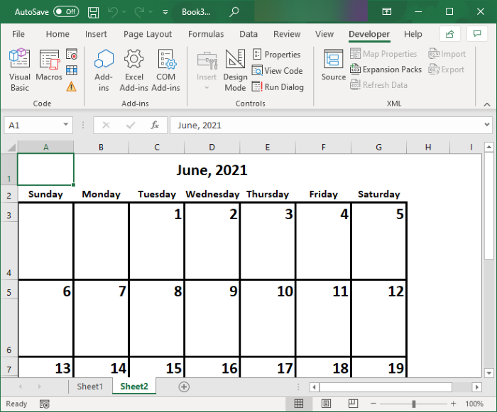 Cách tạo Lịch trong Excel