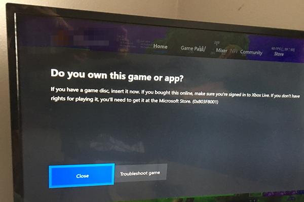 ¿Eres dueño de este juego o aplicación, 0x803f8001 - Error de Xbox