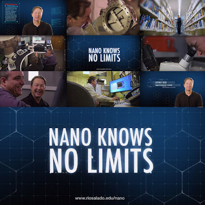 Montage of images of a male student working alone and with instructors in lab settings, libraries and via a laptop.  Text: Nano Knows No Limits.