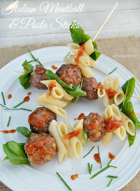 Serve these FUN Italian Meatball and Pasta Sticks for dinner, with veggies or salad on the side, or serve as an Appetizer