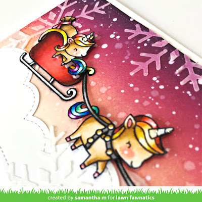 May Your Holidays Be Filled with Magic Card by Samantha Mann for Lawn Fawnatics, Lawn Fawn, Christmas Card, Cards, Cardmaking, Distress Inks, Ink Blending, Slimline, Die Cuts, #lawnfawn #lawnfawnatics #distressinks #slimline #cards #christmascard #unicorn #holidaymagic