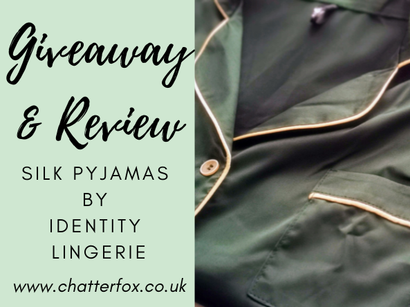 Image of a pair of emerald green silk pyjamas with gold piping. ALongside the image is a title that reads 'giveaway and review silk pyjamas by IDentity Lingerie www.chatterfox.co.uk'