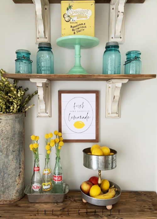 Summer Home Decor - Lemonade Printable - Open Shelves - vintage mason jars