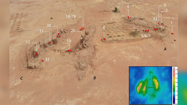 Στον χώρο που ονομάστηκε "Camel Site" στην βόρεια Αραβία, οι ερευνητές έχουν εντοπίσει αρκετά ανάγλυφα φυσικού μεγέθους καμήλας και αλόγου (η τοποθεσία τους με το κόκκινο αστέρι), μικρότερα ανάγλυφα (η τοποθεσία τους με το άσπρο αστέρι) και μεγάλα θραύσματα ((η τοποθεσία τους με το κόκκινο περίγραμμα αστεριού)