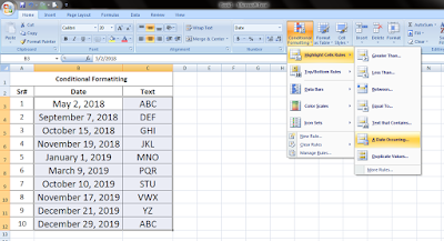 how to use excel conditional formatting date occurring