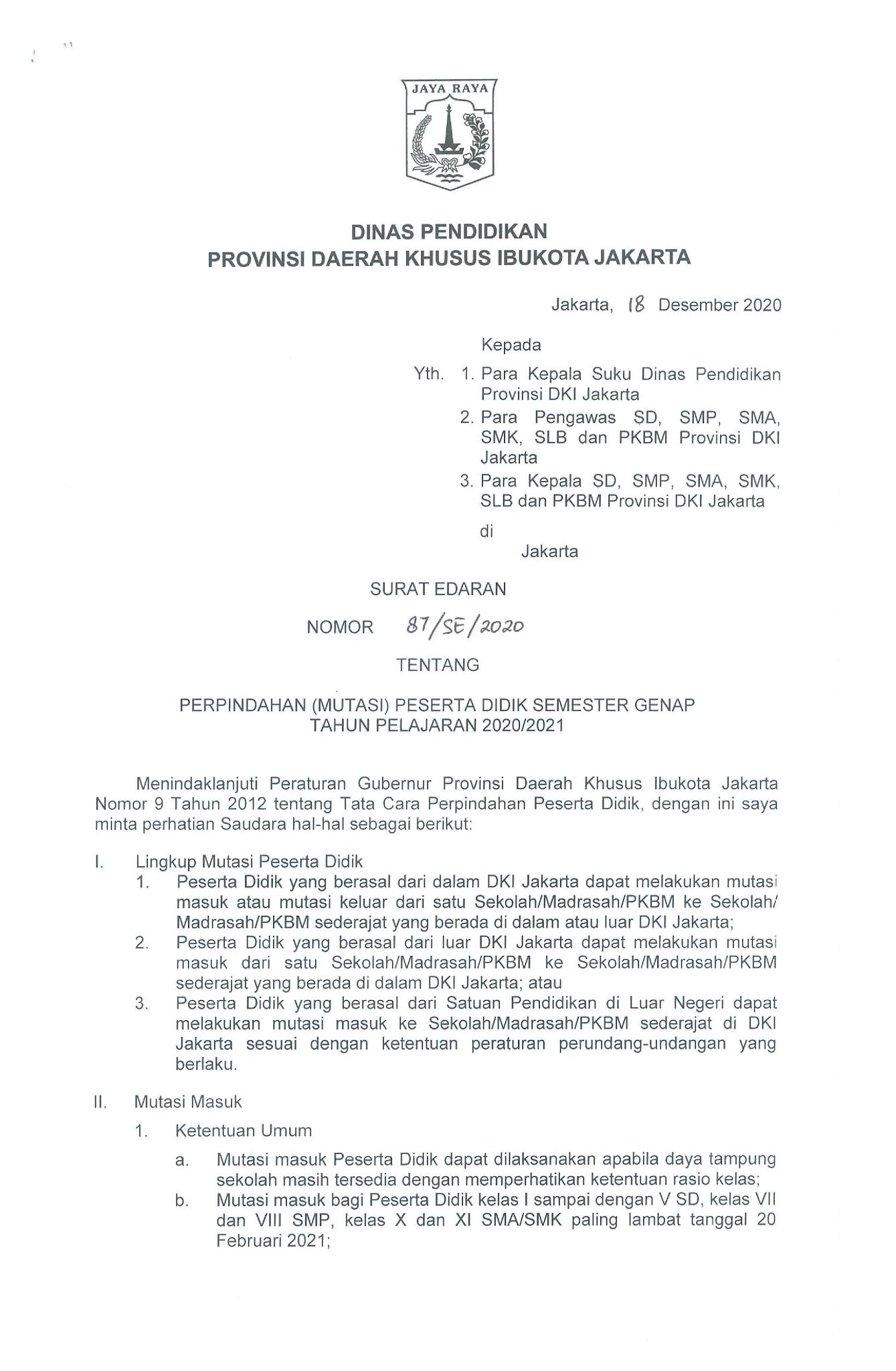 Surat Edaran No 87 / 2020 Tentang Perpindahan (Mutasi ) Peserta Didik