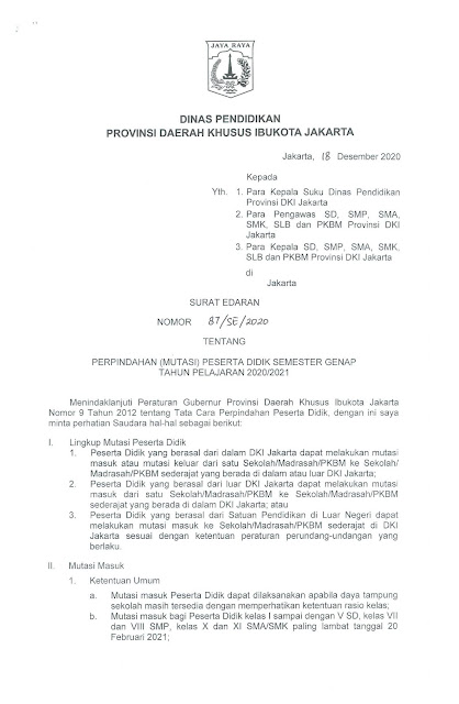 Surat Edaran No 87 / 2020 Tentang Perpindahan (Mutasi ) Peserta Didik