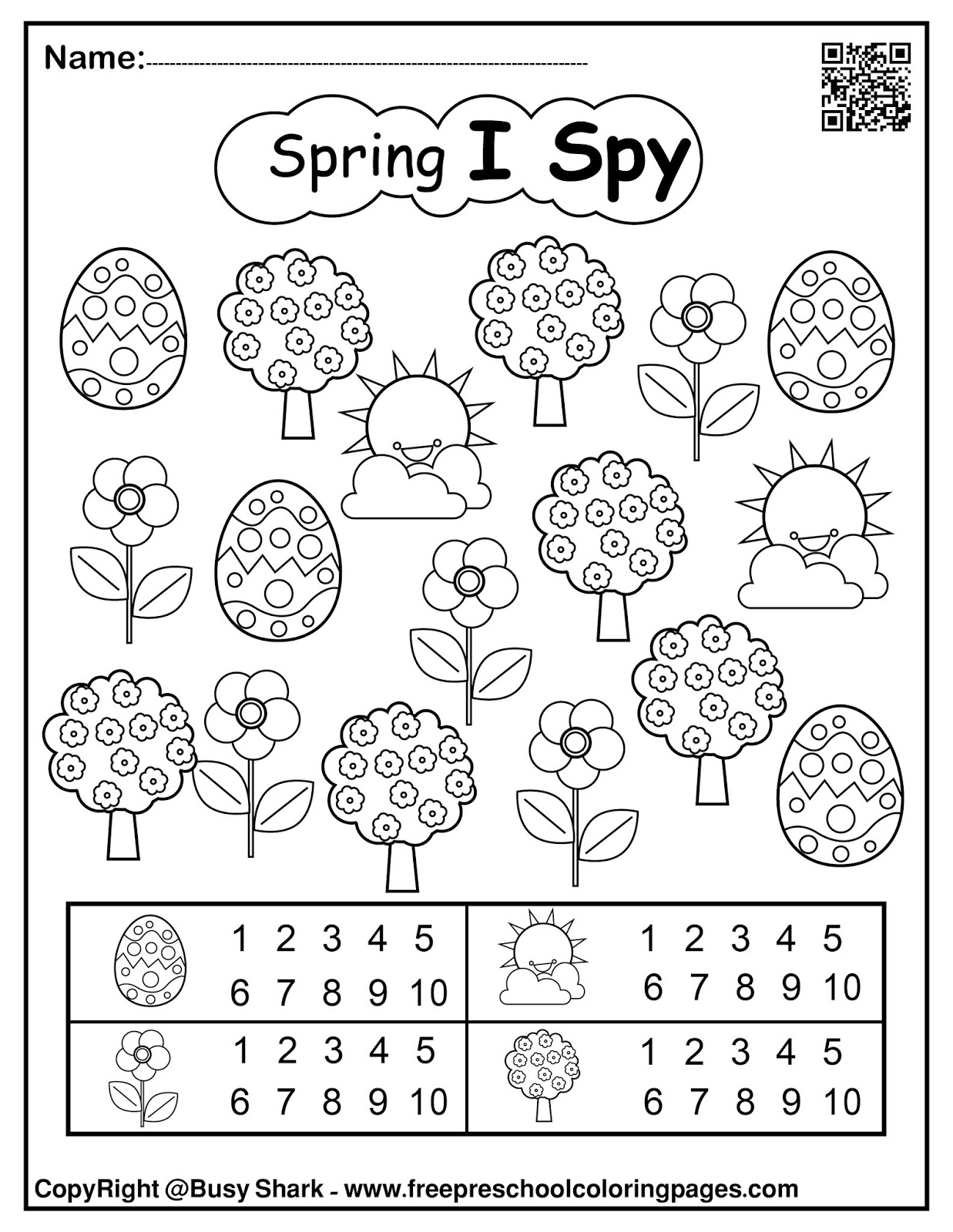 Set of Spring I Spy free preschool coloring pages - easy level