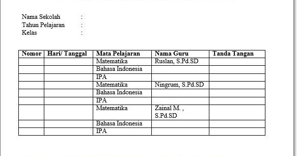 Contoh Daftar Hadir Guru dalam Kegiatan Les Postingan Guru