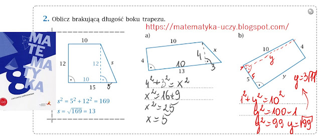 ćw. 1, 2 i 3 str. 36"Matematyka z plusem 8" - zastosowanie Twierdzenie Pitagorasa (zeszyt ćwiczeń podstawowych)