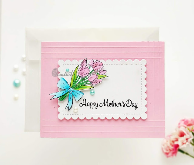 Your Next Stamp - Bunches of happiness card, CAS card, Copic markers, Mothersday, floral card, Quillish, clean and simple floral card, pink card, mothers day card, bouquet card, cards by ishani