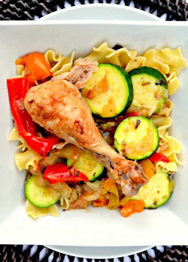 Tarragon Chicken and Zucchini over egg noodles, rice or mashed potatoes. Slow braised chicken in a tarragon white wine sauce with bell pepper, and zucchini is a dinner favorite from Serena Bakes Simply From Scratch.