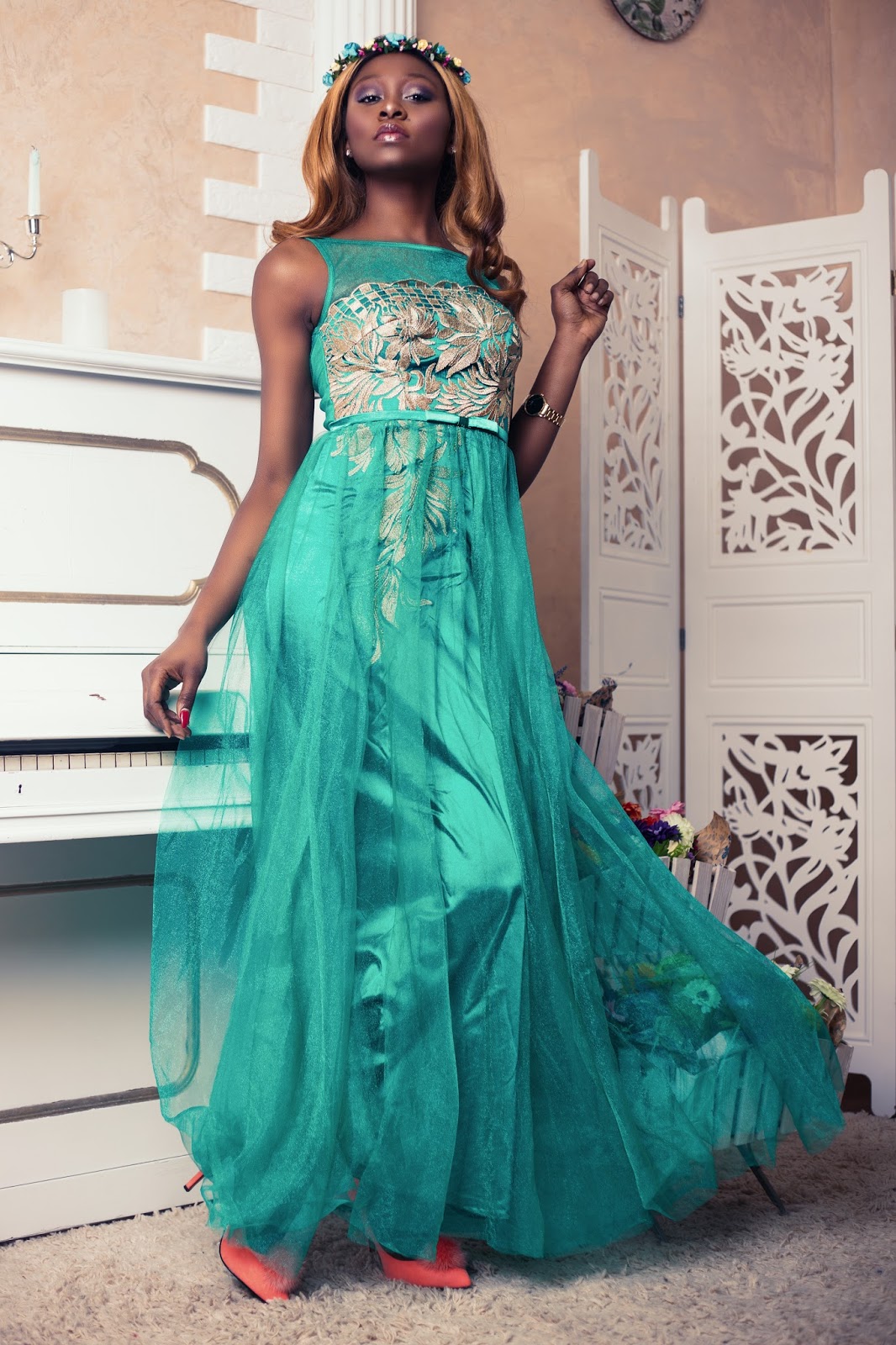 GREEN MAXI EMBROIDERED MIX MATCH SATIN AND TULLE PRINCESS  DRESS