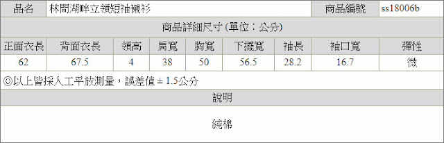 林間湖畔立領短袖襯衫尺寸表