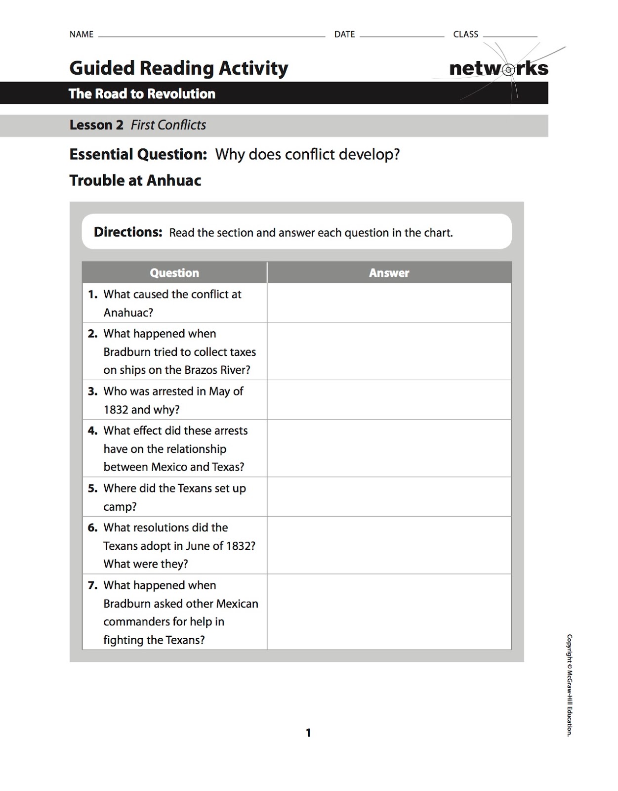 EHMS Texas History: Chapter 9 - Lesson 2 Guided Reading Assigned