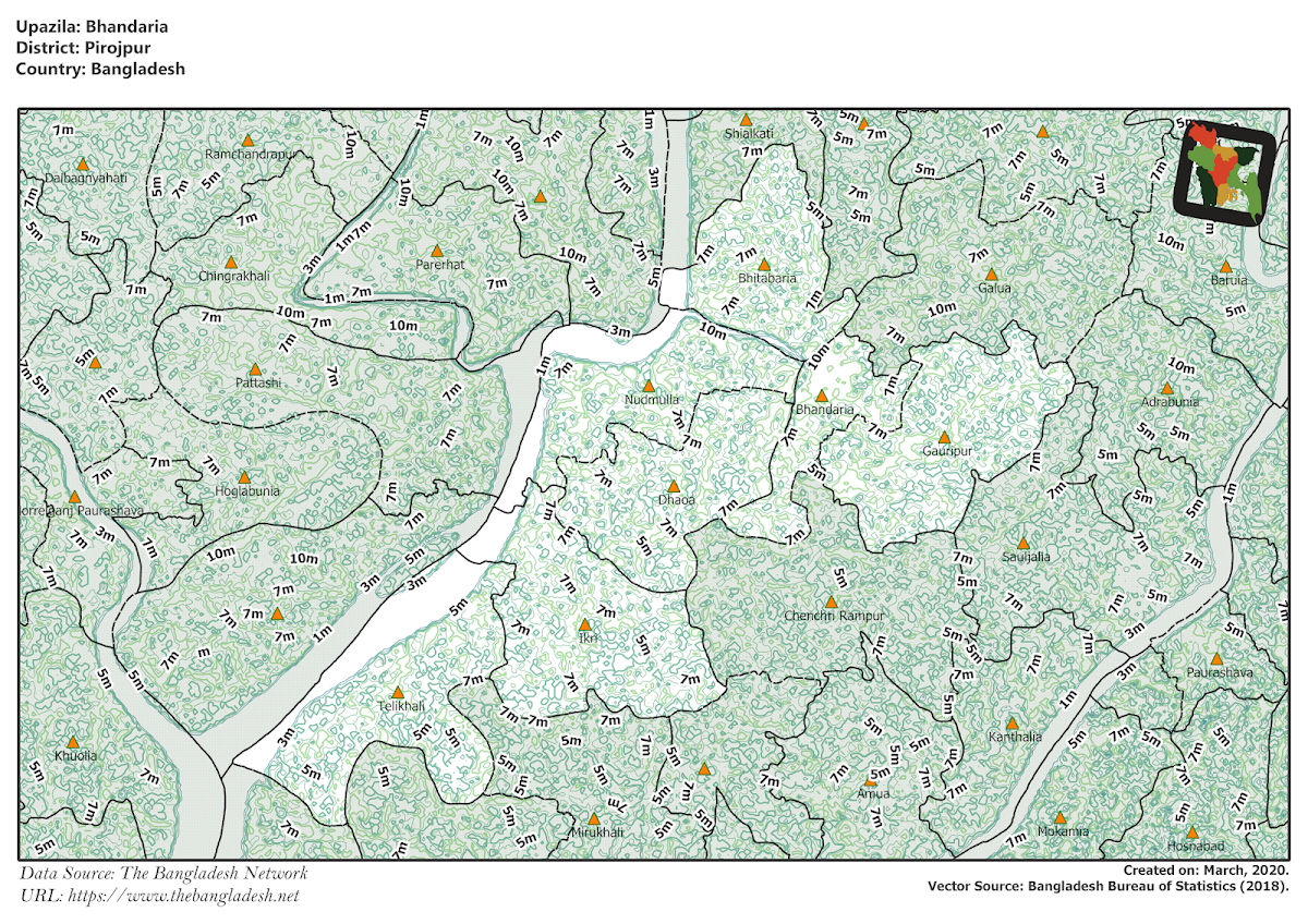Bhandaria Upazila Elevation Map Pirojpur District Bangladesh