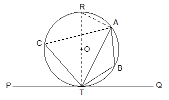 O is the centre of a circle. PQ is a tangent to the circle at point of contact T. TA is a chord. ∠ATP and ∠TBA; ∠ATQ and ∠TCA are two pair of alternate segment angles.