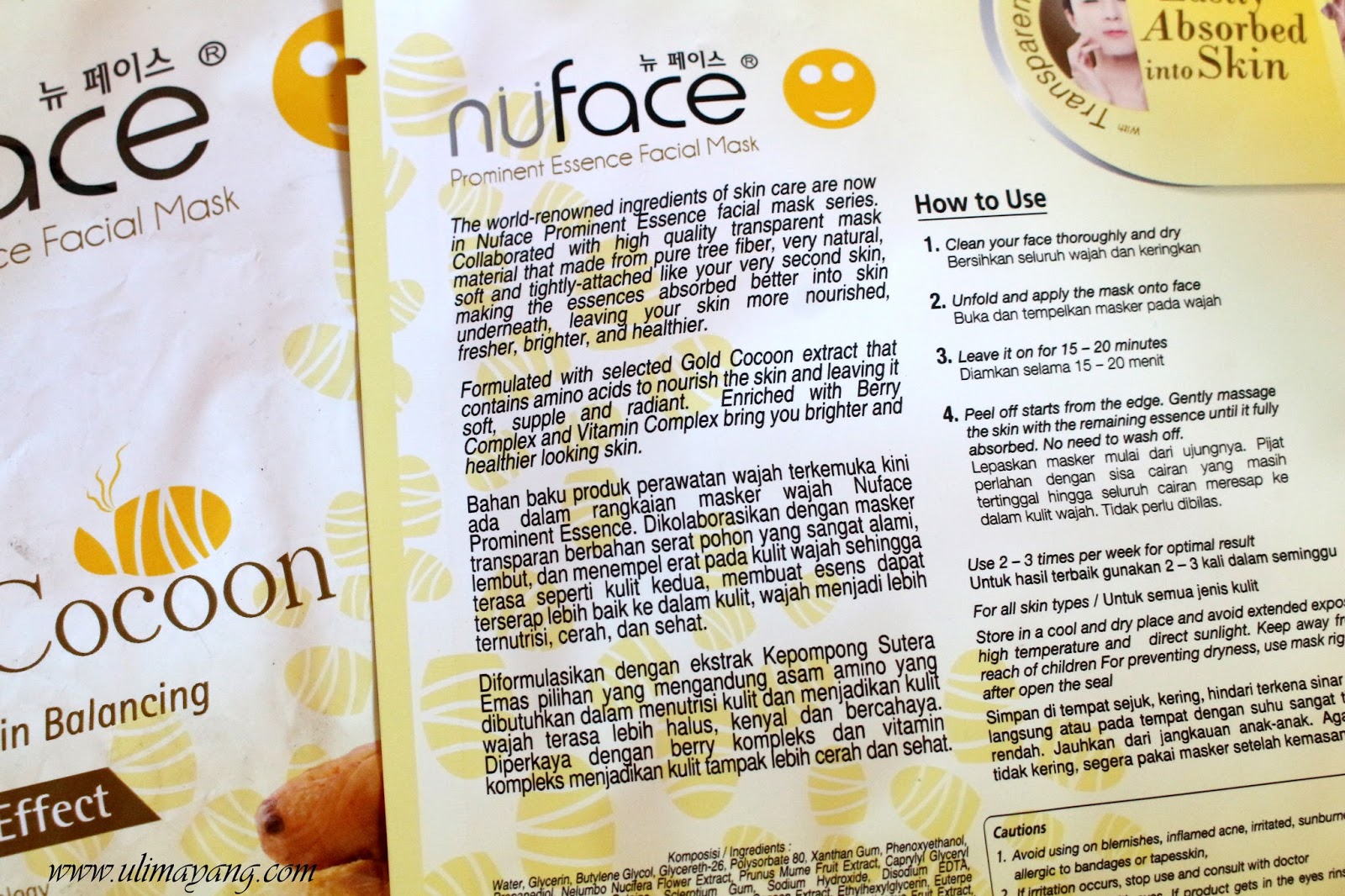 Download Uli Mayang Review Nuface Prominent Essence Facial Mask Gold Cocoon Brightening Effect PSD Mockup Templates
