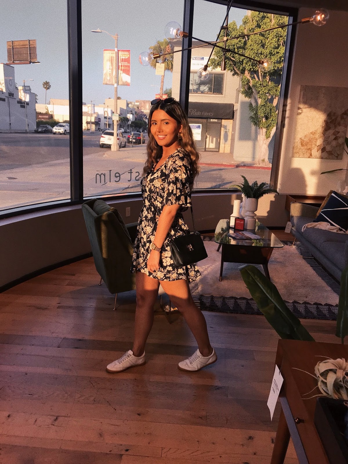 how to style, dress and sneakers outfit, floral dress, summer 2018 trends, mango crossbody, zara floral dress, dark florals, asos sneakers, affordable outfit, Pinterest, outfit idea, how I style, fashion blogger, quay Australia sunglasses, asos hoops, summer 2018 outfit, 