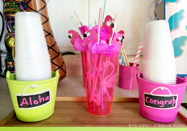 flamingo straws, aloha, congrats, luau theme party, graduation party idea
