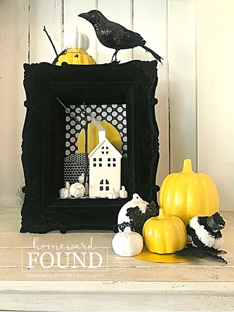 art,wall art,paper,paper crafts,pumpkins,Halloween,fall,DIY,diy decorating,home decor,thrifted,re-purposed,up-cycling,trash to treasure,dollar store crafts,fall home decor,Halloween home decor,Halloween decorating,haunted village mantel display,shadowbox art,Halloween shadowbox, miniatures.