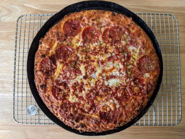 Screamin' Sicilian Holy Pepperoni Loaded Pan Pizza. I was drunk when I  bought this and thought it was just their normal pizza which I like. This,  not so much. : r/frozendinners
