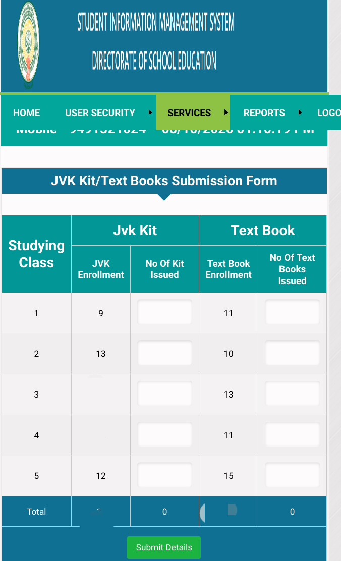 APTF VIZAG JVK Kit Distribution option was enabled in Child Info website