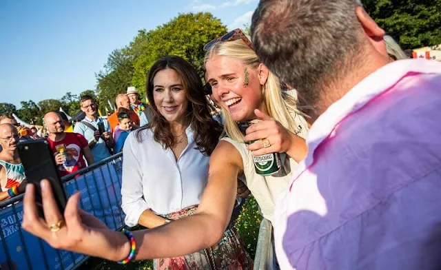 Crown Princess Mary wore a new cassia patch floral-print cotton midi skirt by Zimmermann. Rebekka Notkin necklace