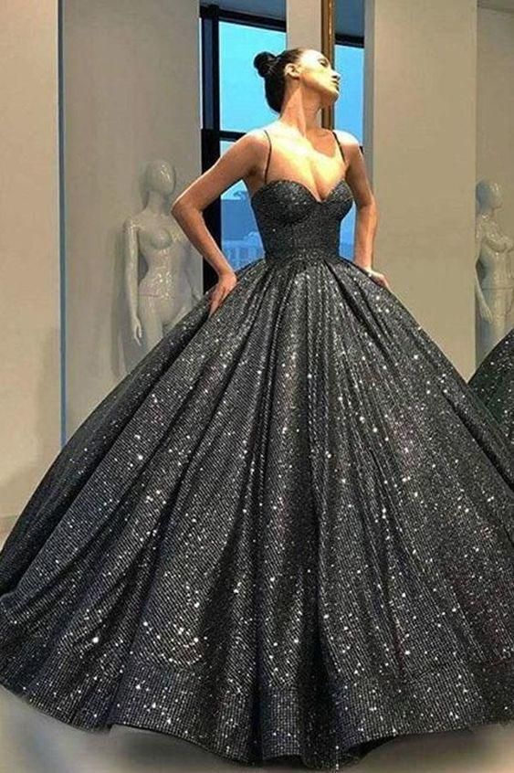 Prom Dresses Ball Gown, Sparkly Black Sweetheart Spaghetti Straps Prom ...