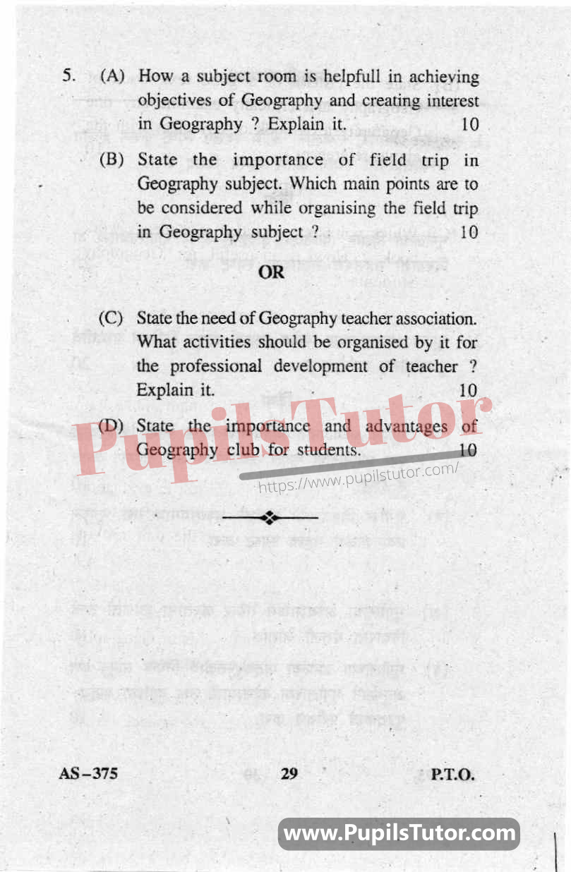 Pedagogy Of Geography Question Paper In English