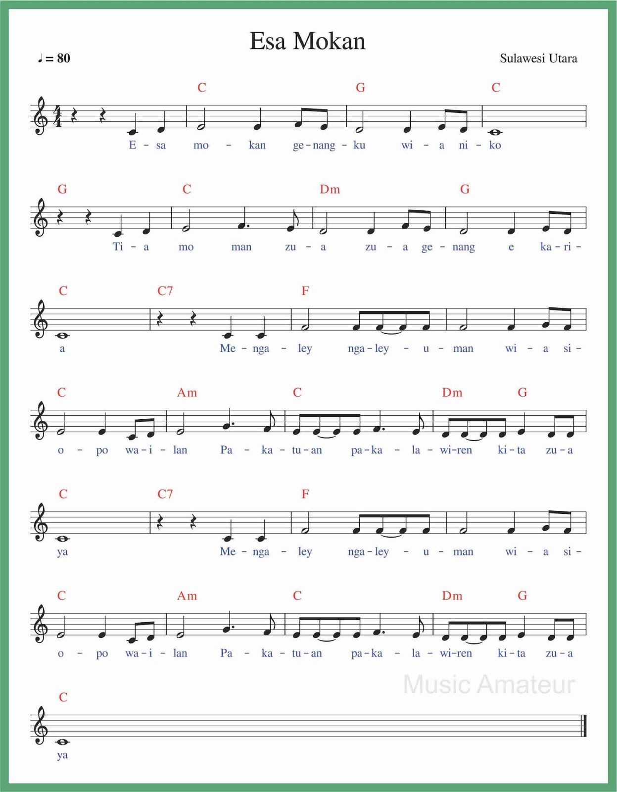 Not Balok Lagu O Ina Ni Keke Belajar